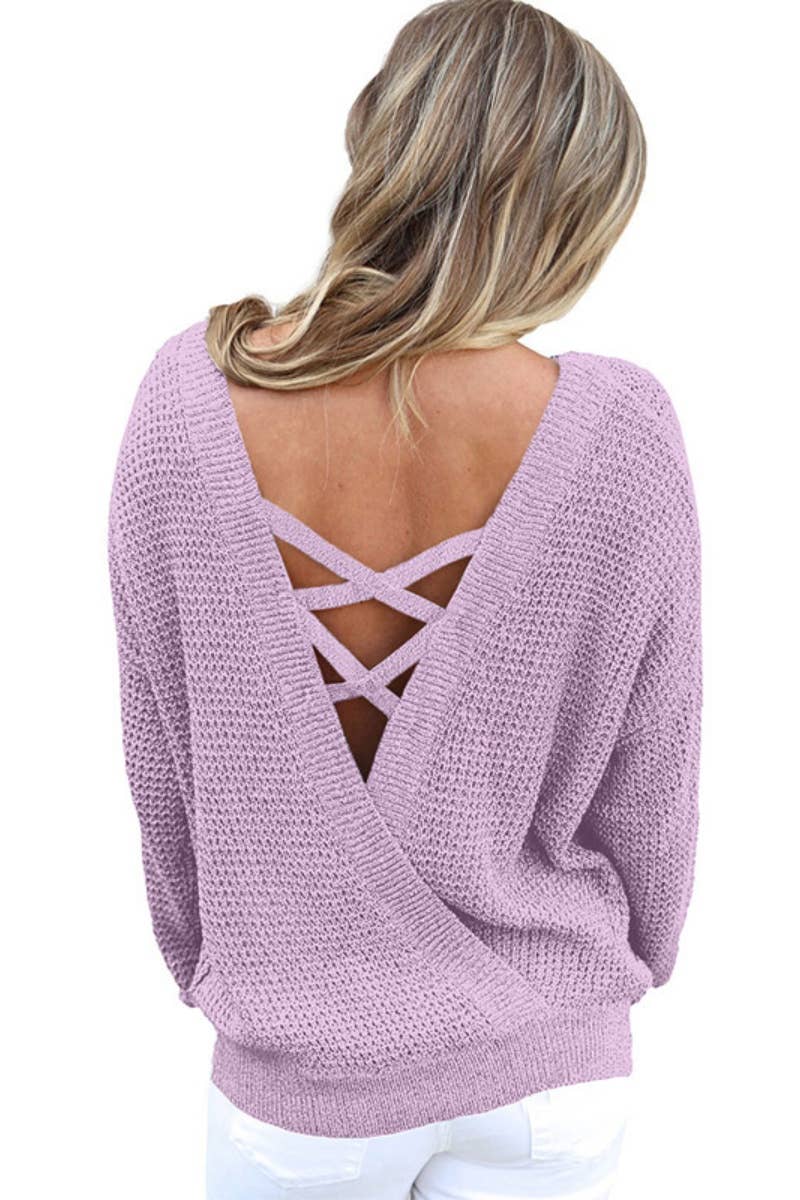 CWOSWL6676_CREW-NECK BACKLESS LONG-SLEEVED KNIT TOP