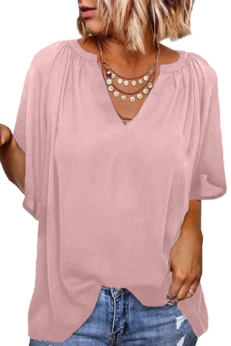 CWTBLS1247_LOOSE FIVE-QUARTER SLEEVE V-NECK PULLOVER TOP