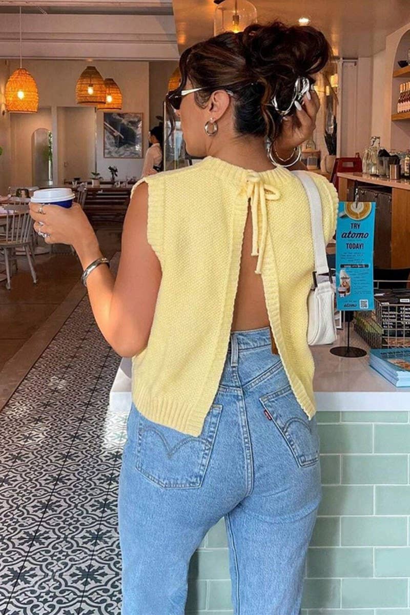 CWOV0793_CREW NECK KNIT OPEN BACK TIE VEST TOP