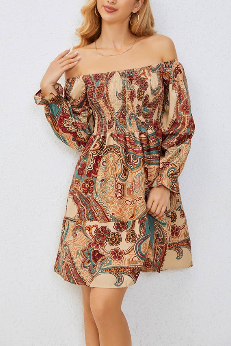 CWDSD3722_ONE-SHOULDER LONG-SLEEVED PRINTED SHORT DRESS