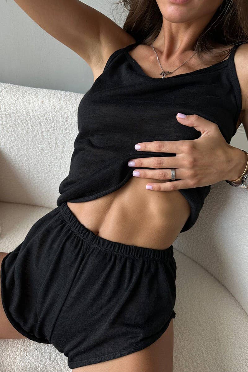 CWSPJ0199_KNITTED SOFT SUSPENDER SHORTS PAJAMAS HOME SET