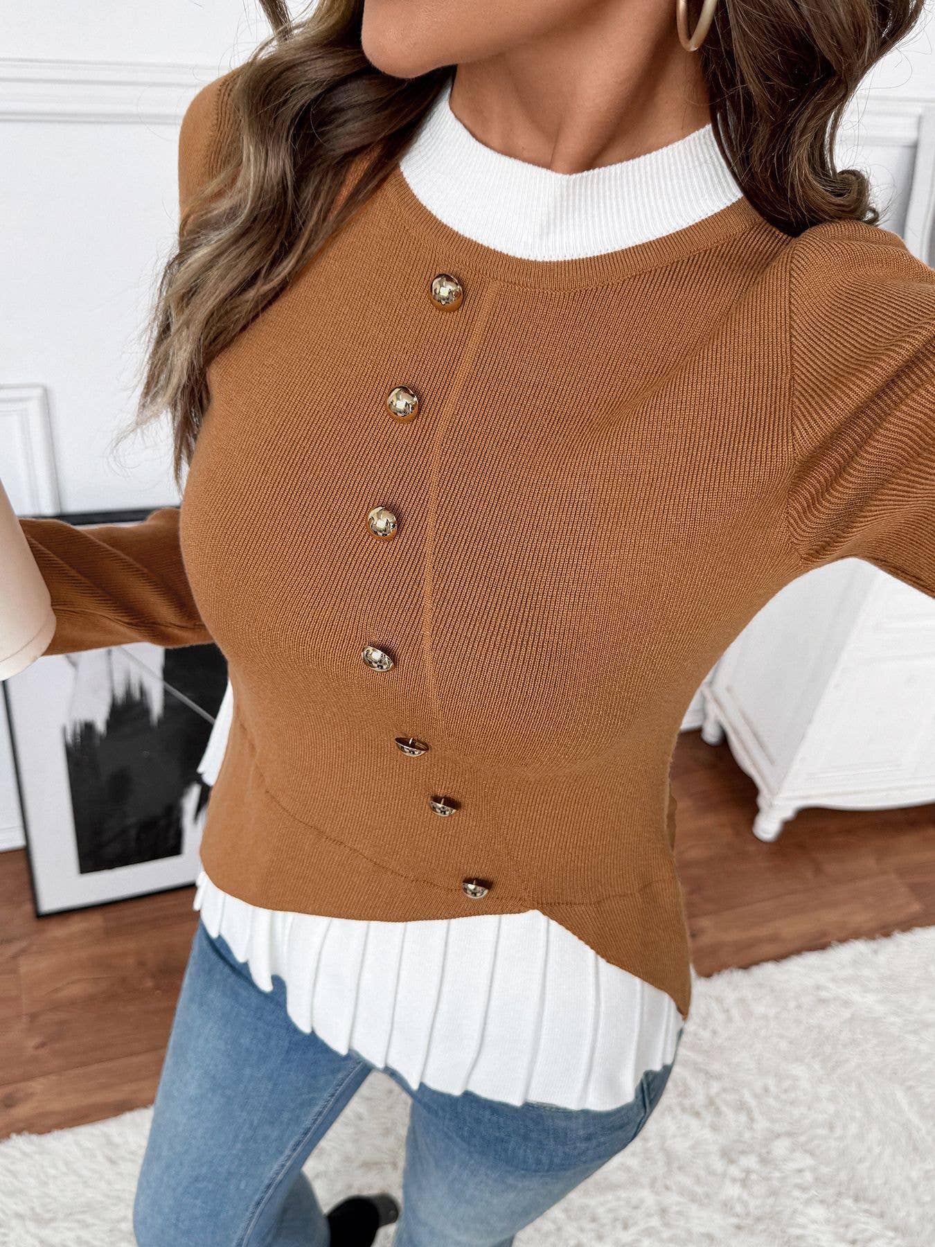 Color-blocking spliced slim-fit knitted sweater