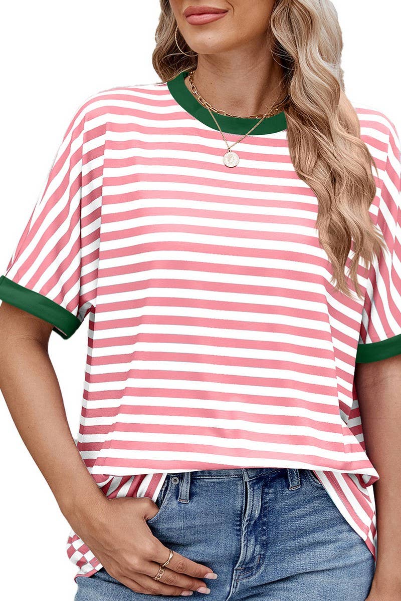 CWTTS1299_LOOSE STRIPED COLORBLOCK CREW NECK T-SHIRT TOP