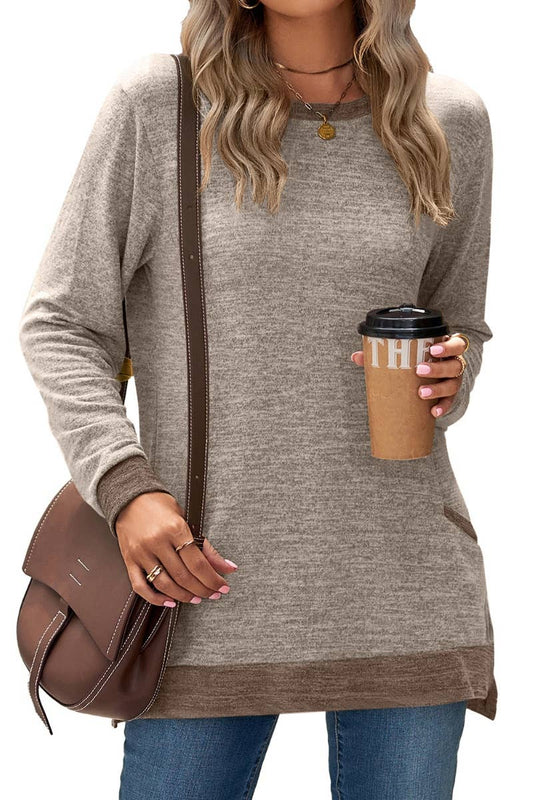 CWTBLL2689_CREW-NECK COLOR-MATCHING POCKET LONG-SLEEVED TOP