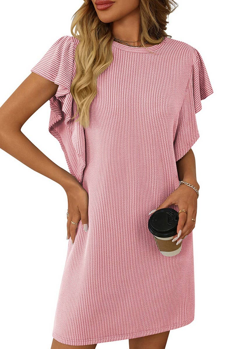 CWDSD7253_CONTRAST COLOR TWISTED RUFFLE SLEEVE MIDI DRESS