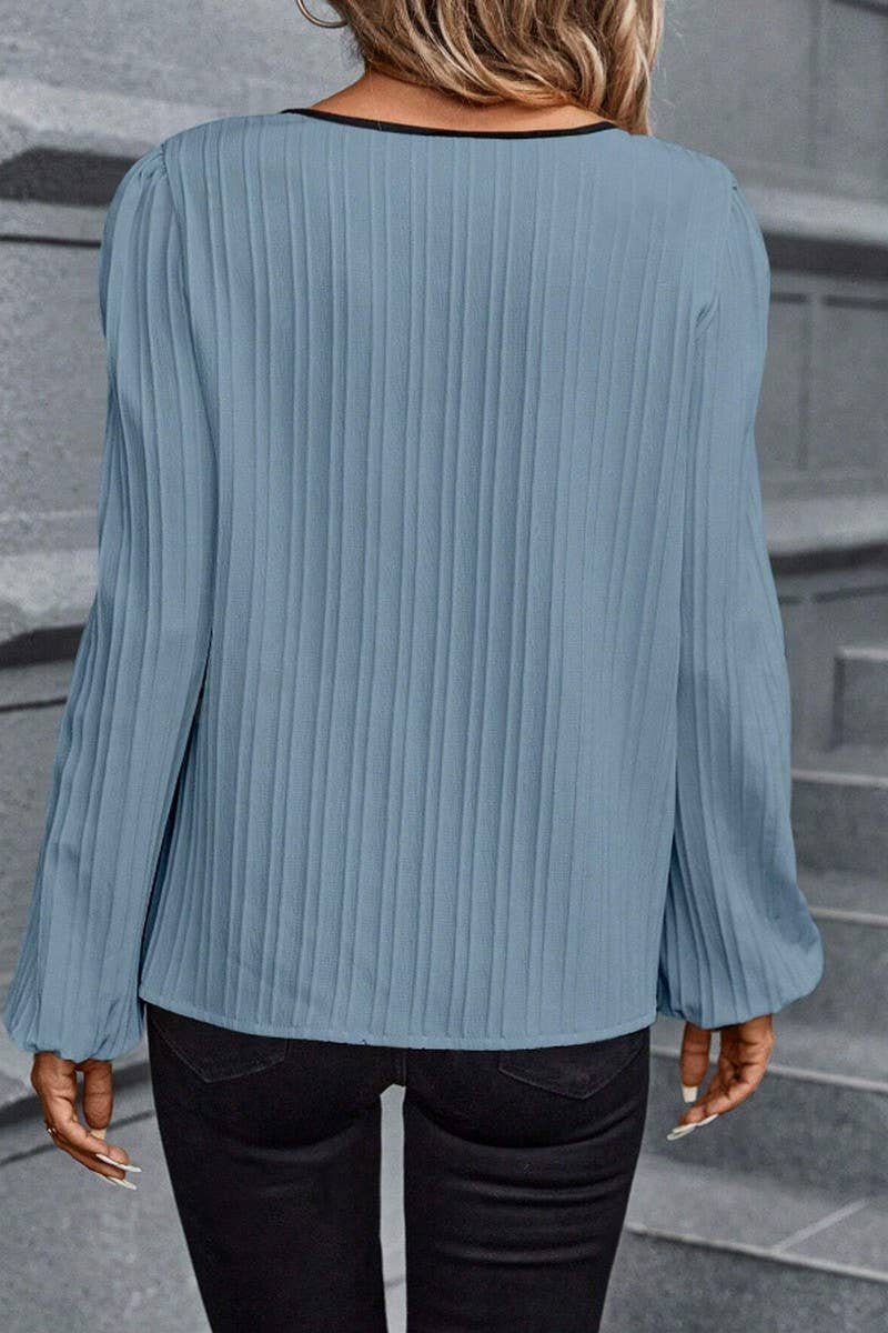 CWTBLL4007_COLORBLOCK V-NECK PUFF SLEEVE LONG SLEEVE SHIRT