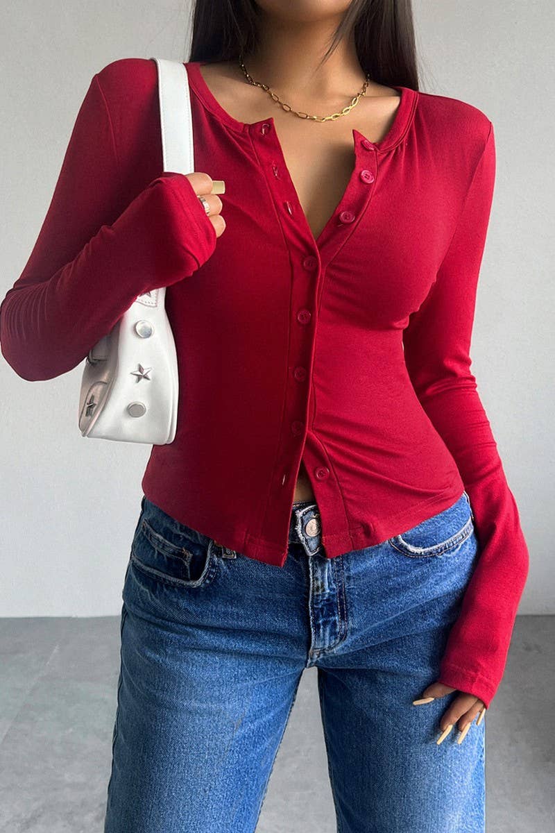 CWTTL1963_SOLID COLOR SLIM FIT CARDIGAN BUTTON TOP