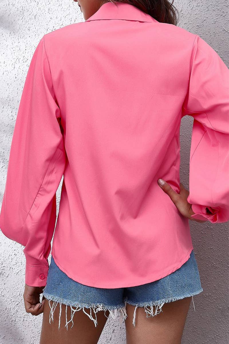 CWTBLL3758_SOLID COLOR LAPEL LANTERN SLEEVE CHIFFON SHIRT