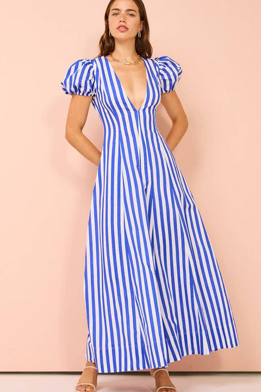 CWDMD6316_LOW-CUT V-NECK STRIPED PUFF SLEEVE SWING DRESS