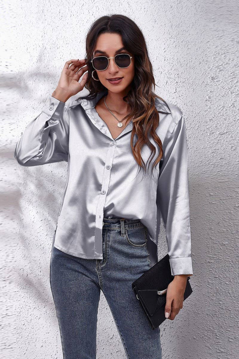 CWTBLL0691_Button Down Silky Satin Long Sleeve Top