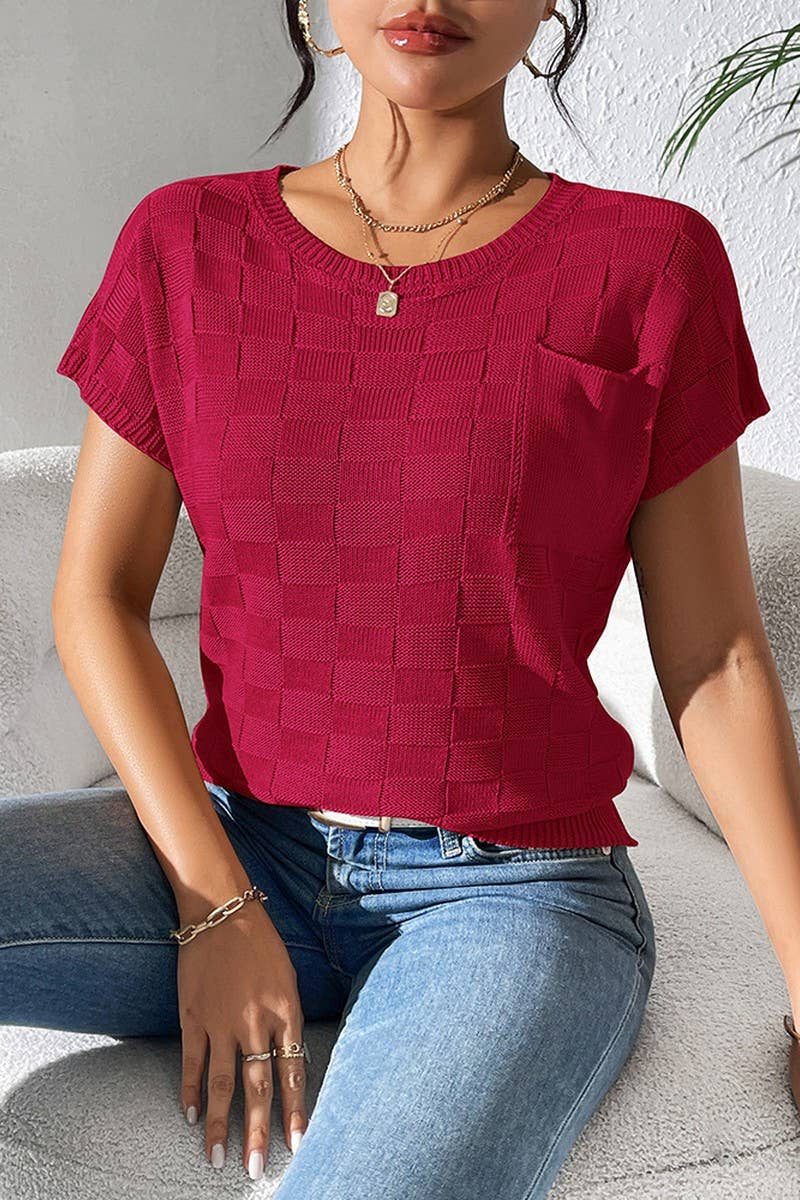 CWOSWS0086_SOLID COLOR LOOSE KNIT SHORT-SLEEVED TOP
