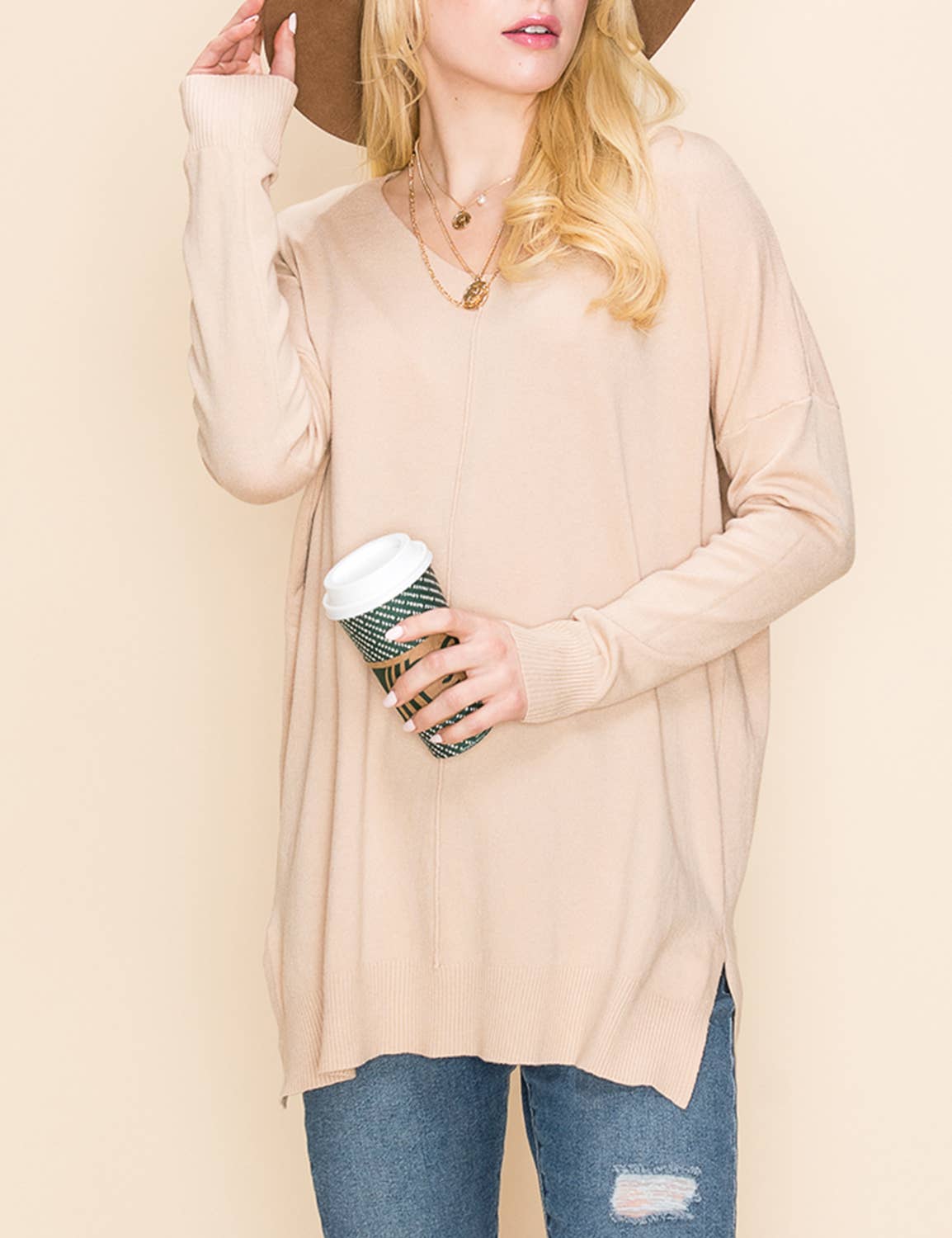 CWOSWL1826_V NECK LOOSE FIT TUNIC LENGTH SOFT SWEATER TOP