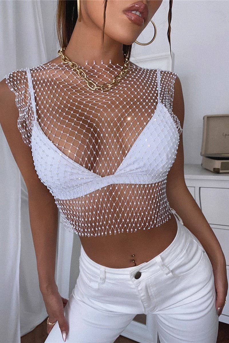 CWTTSL0401_SUMMER RHINESTONE GRID SPARKLING DIAMOND T-SHIRT