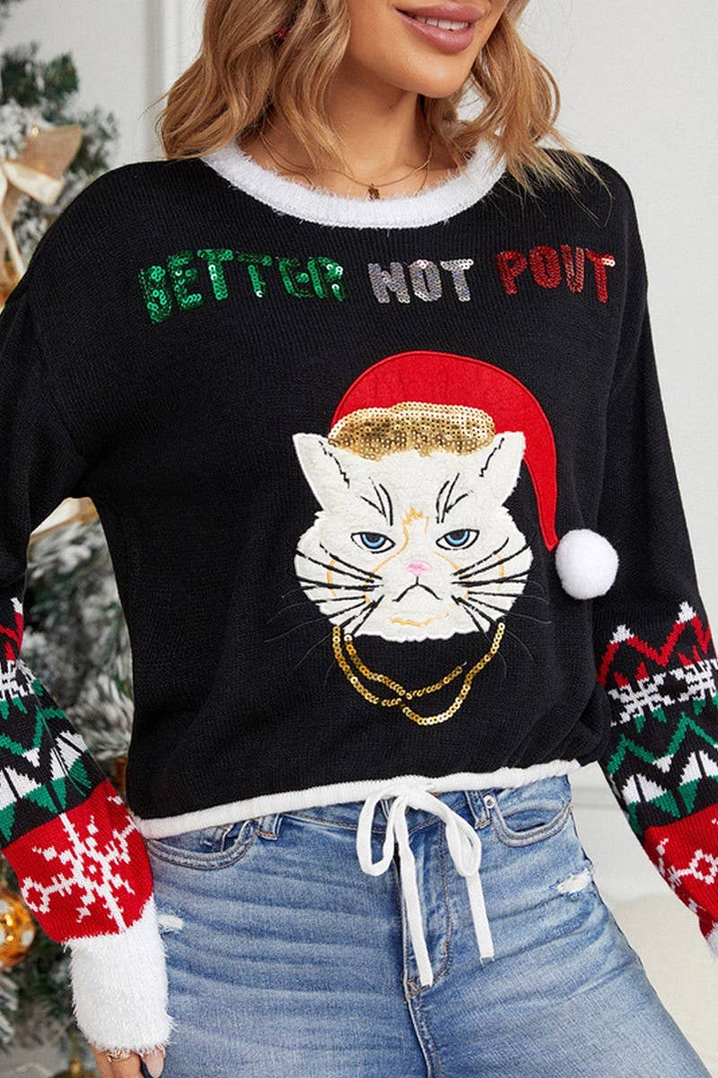 CWOSWL2492_KITTEN EMBROIDERED CHRISTMAS CROPPED SWEATER
