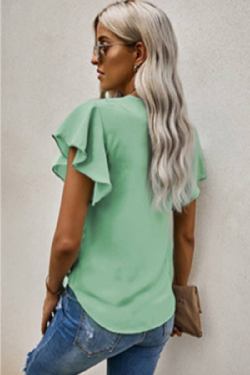 CWTBLS1332_CASUAL V-NECK SHORT SLEEVE SOLID COLOR TIED TOP