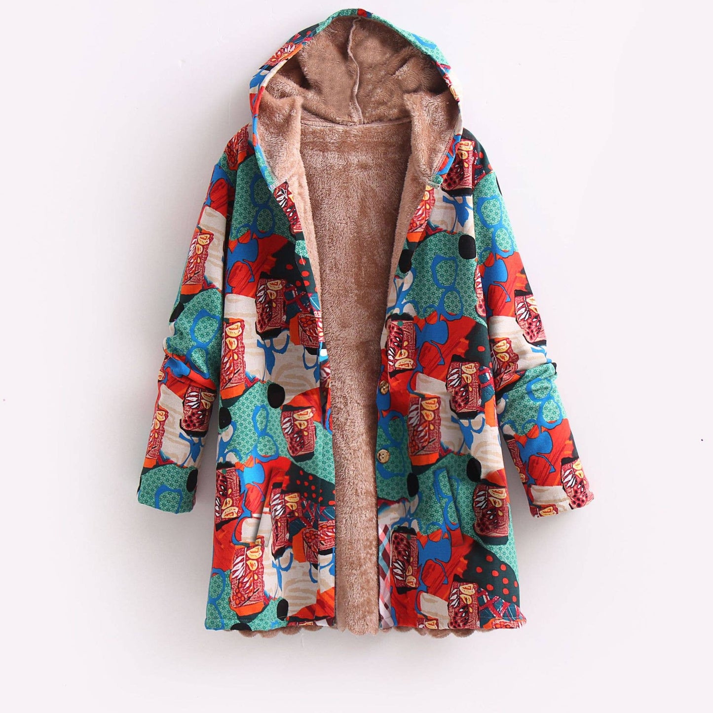 Cotton linen printed hooded warm fleece jacket