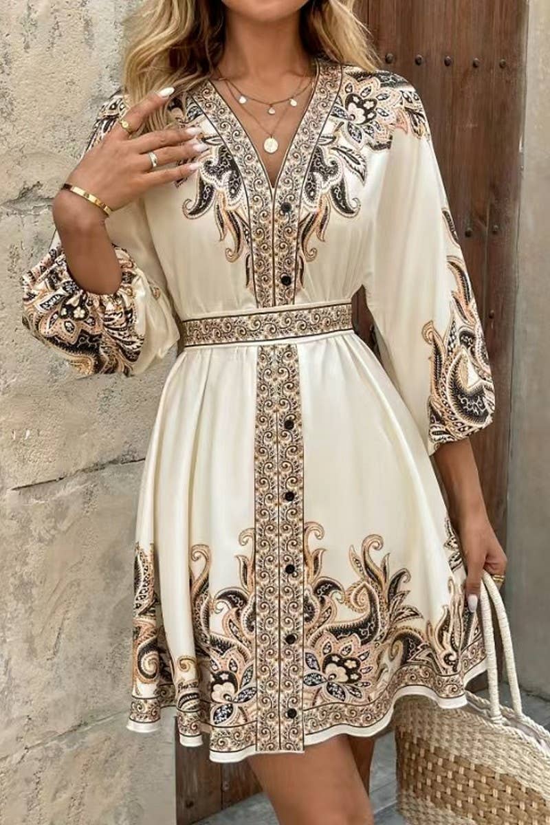 CWDSD10515_HOLIDAY STYLE V-NECK LANTERN SLEEVE PRINTED DRESS