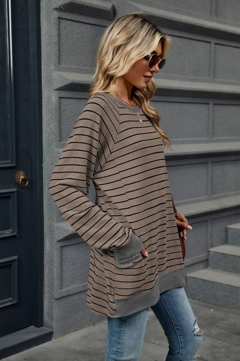 CWTBLL2360_STRIPED CONTRAST POCKET MID-LENGTH SWEATSHIRT