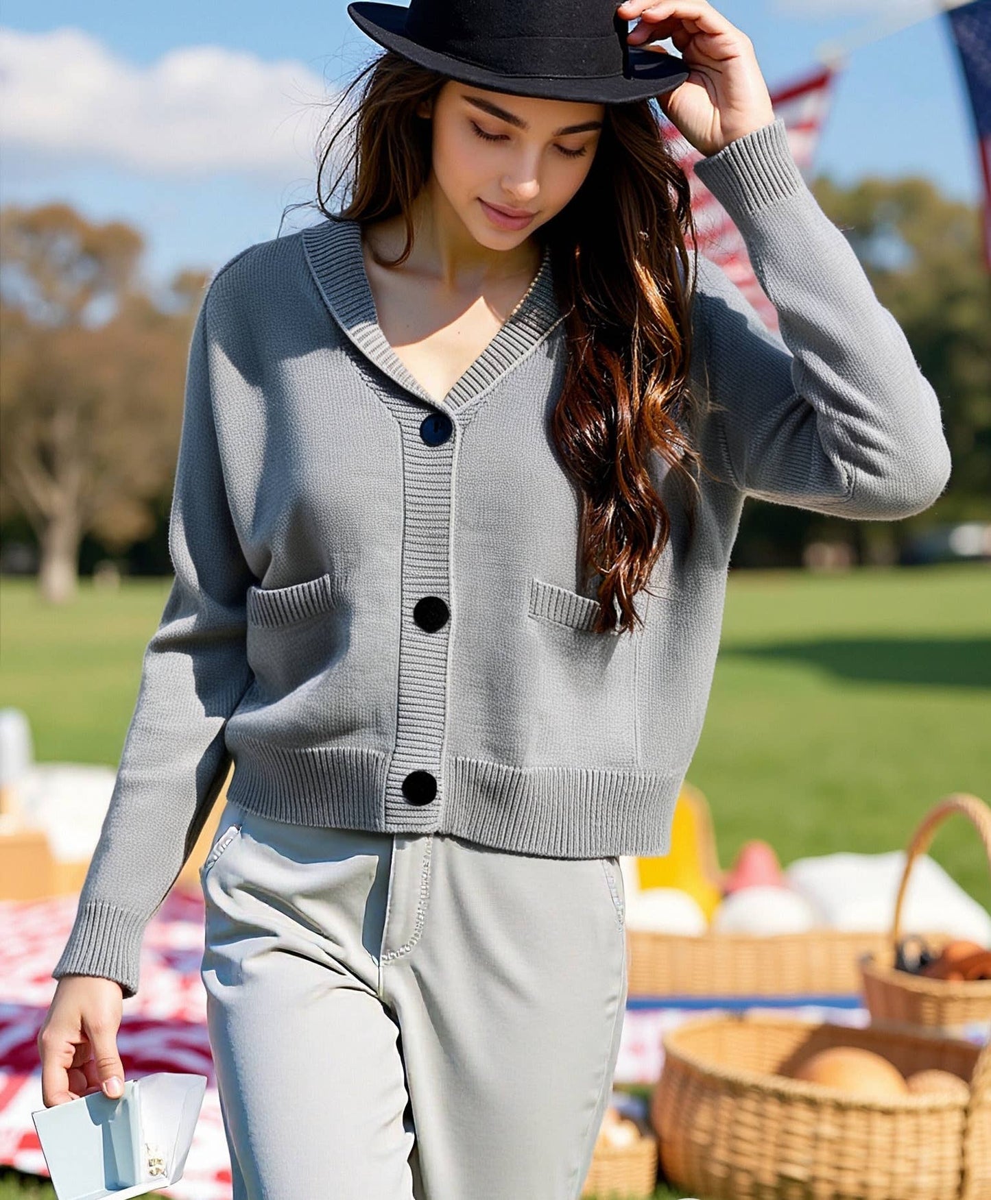 Casual loose long-sleeved V-neck Cardigan