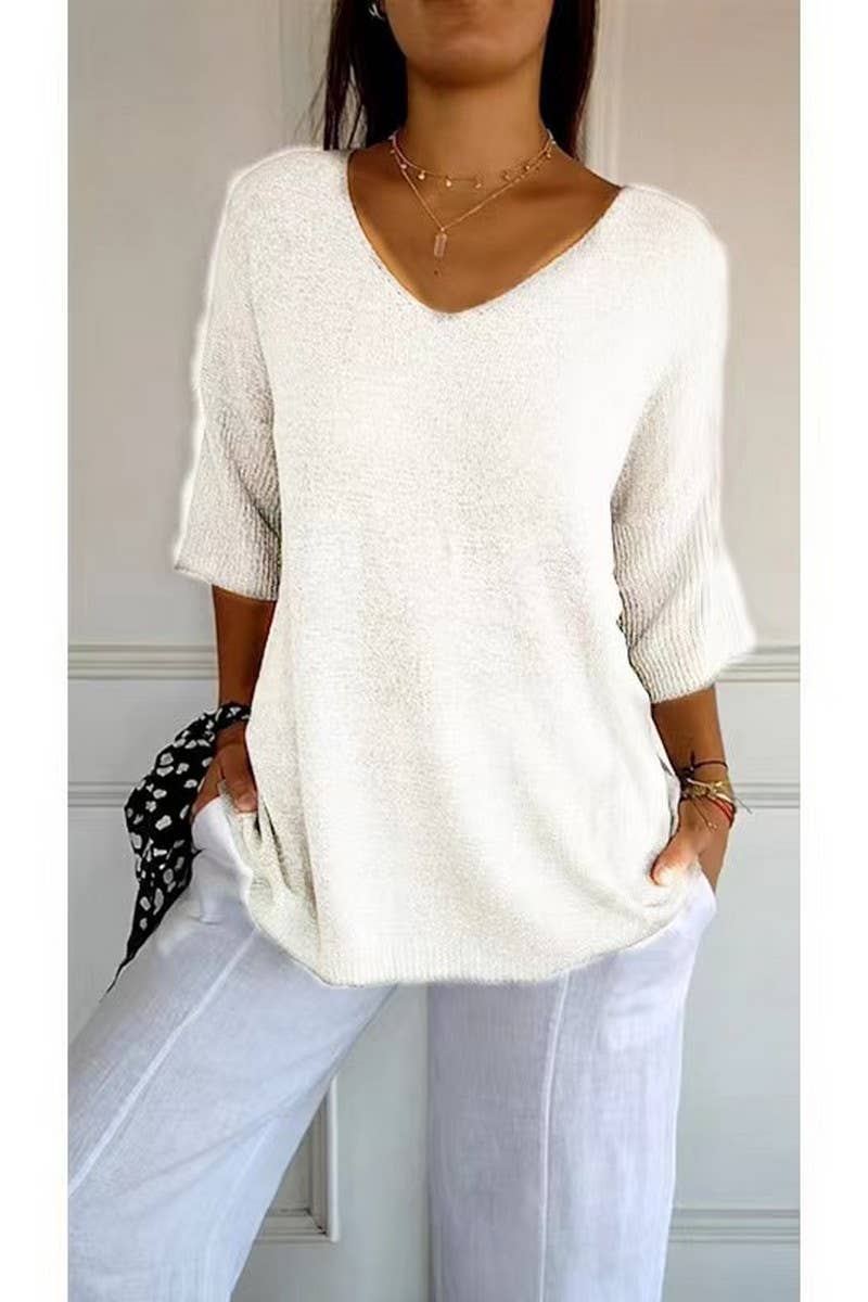 CWOSWL07659_V-NECK SOLID COLOR KNITTED BOTTOMING TOP