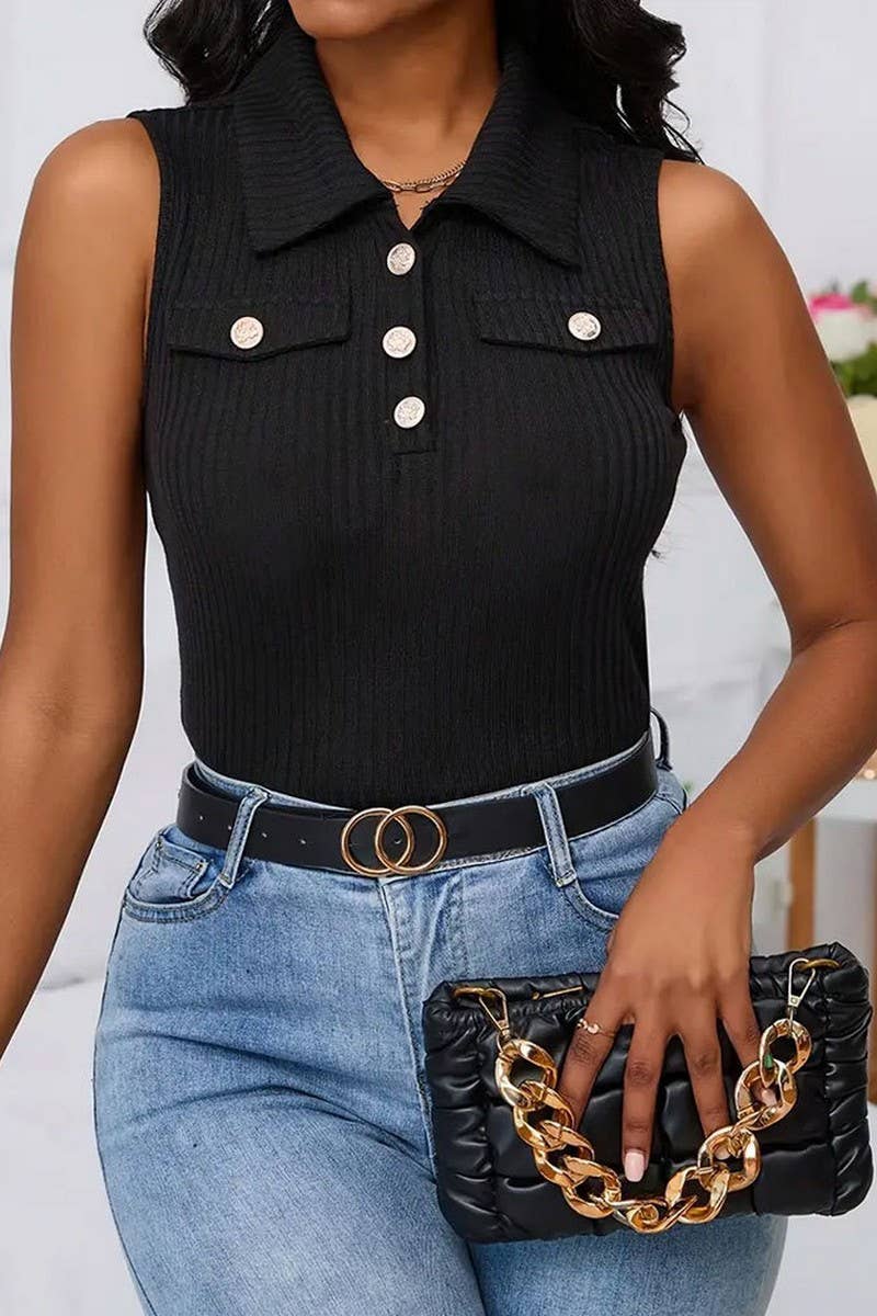 CWTTSL0349_LAPEL CONTRAST COLOR RIBBED SLIM FIT KNITTED VEST