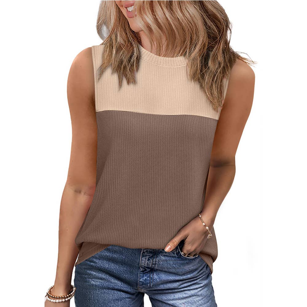 Crew-neck color-matching sleeveless sweater vest