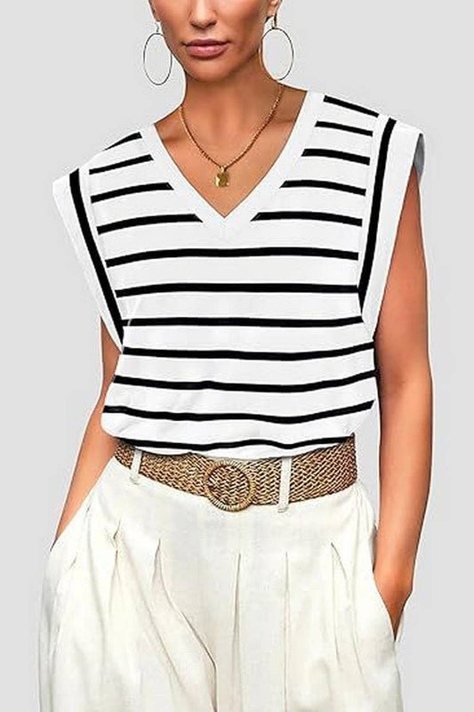 CWTTS1089_V-NECK STRIPED RAGLAN SLEEVE CASUAL T-SHIRT