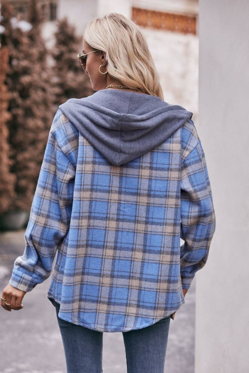 CWTSTL2181_FLANNEL PLAID HOODED LONG-SLEEVED SHIRT JACKET
