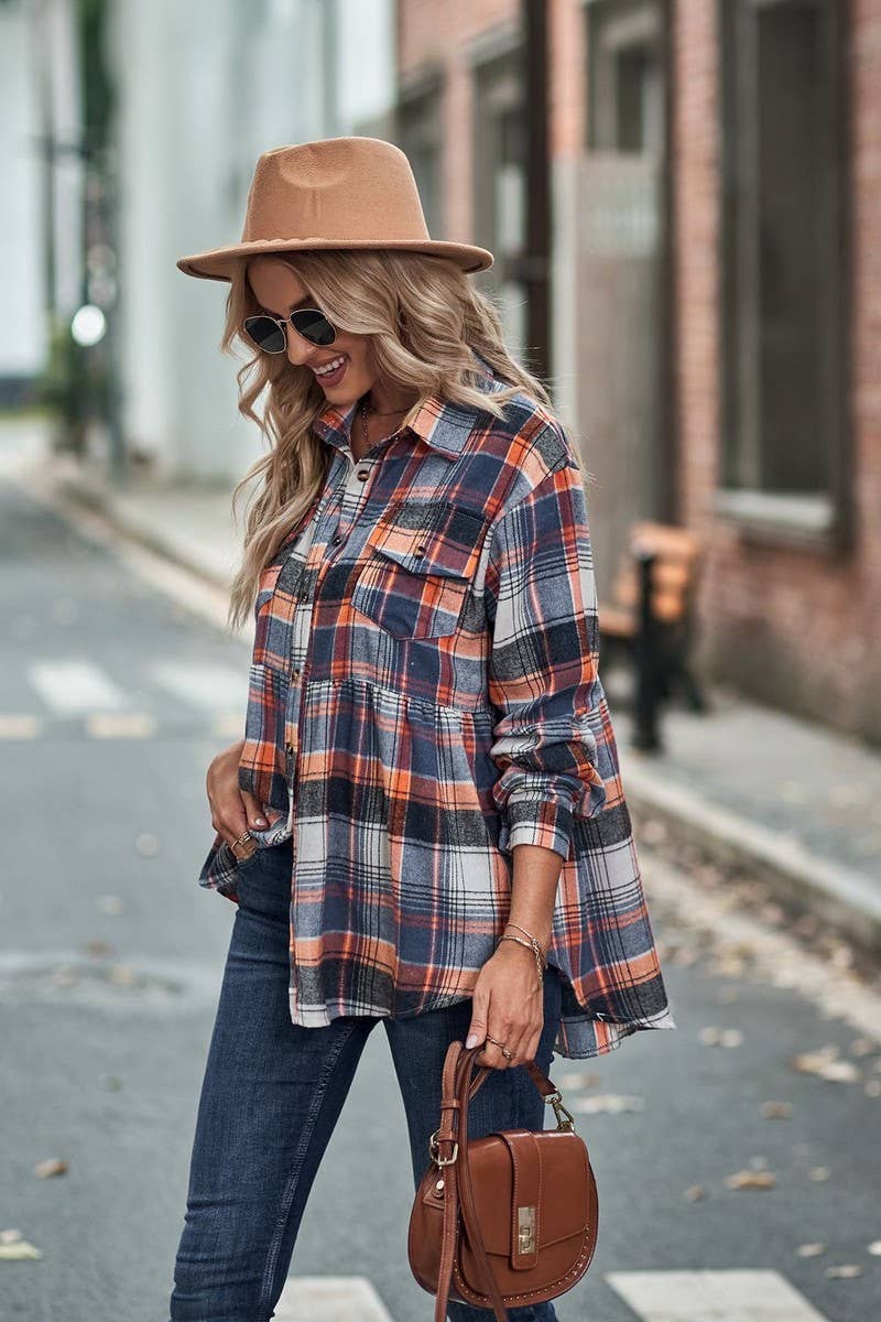 CWTSTL2484_LAPEL LONG SLEEVE POCKET CASUAL PLAID SHIRT