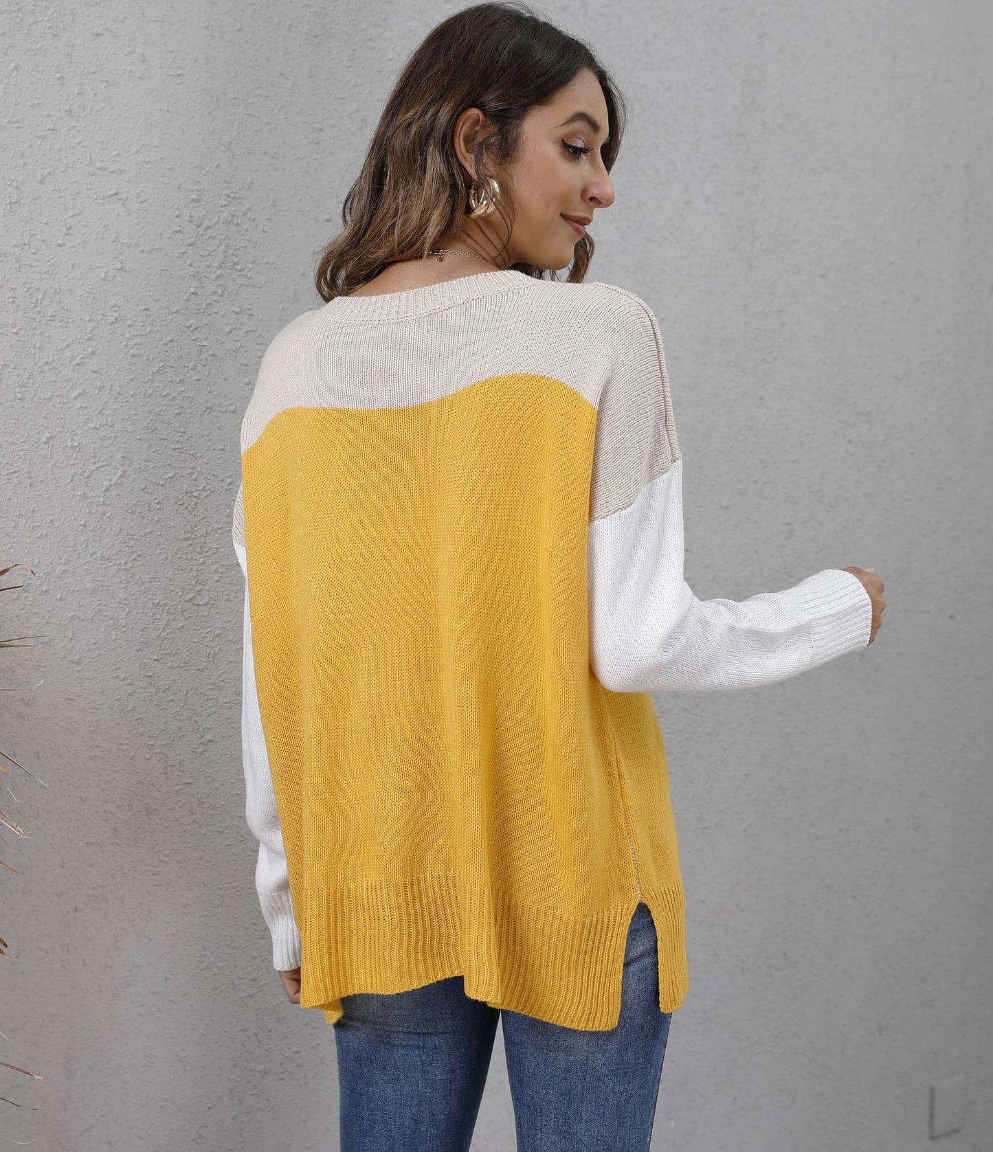 Color contrast patchwork pullover knitted sweater