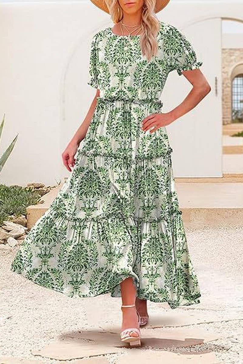 CWDMD6366_ROUND NECK PUFF SLEEVE RUFFLE PRINTED DRESS