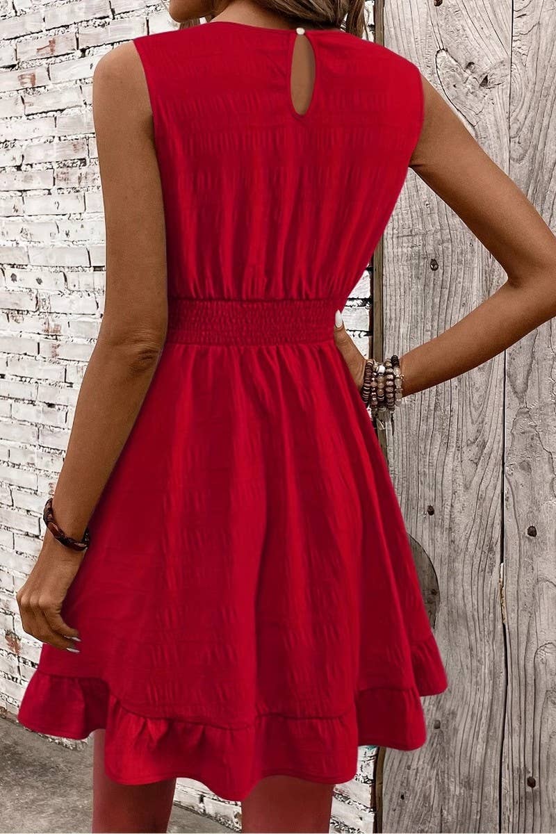CWDSD10527_SUMMER ELEGANT WAIST SLEEVELESS RUFFLE DRESS