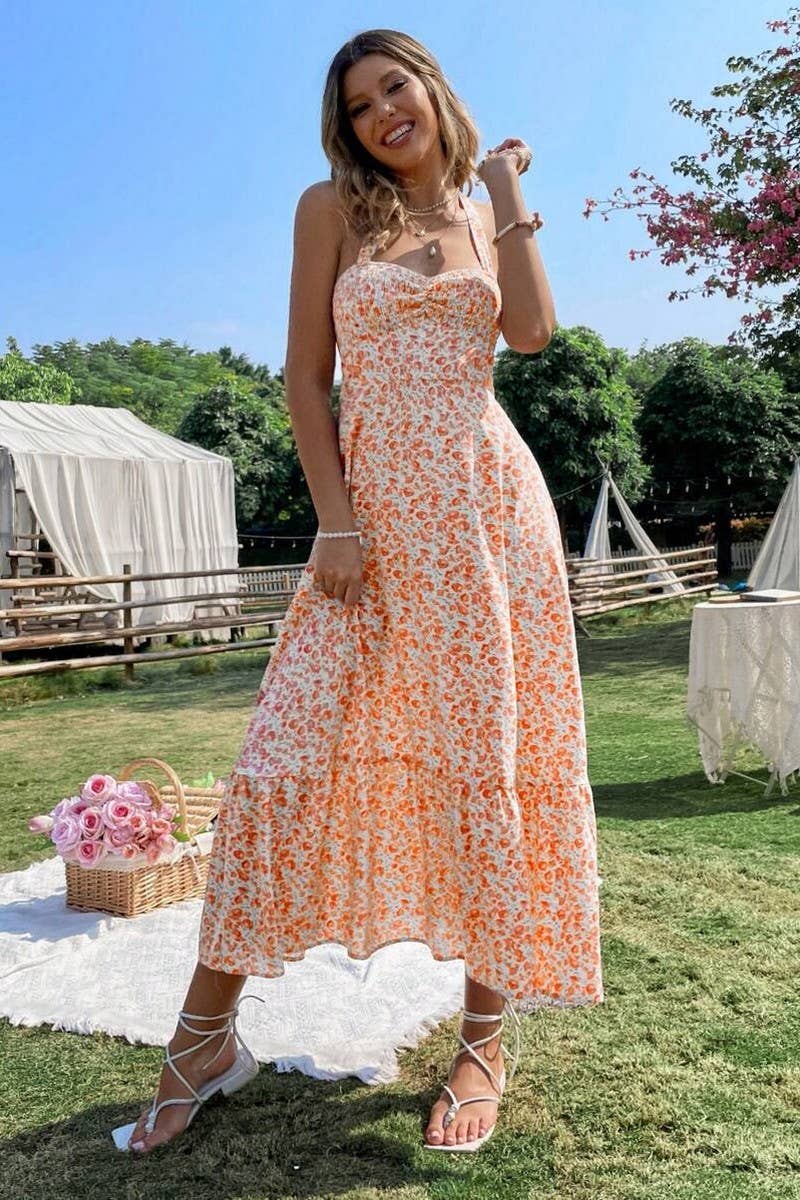 CWDHL0981_FLORAL PRINT TIE SLEEVELESS A-LINE DRESS