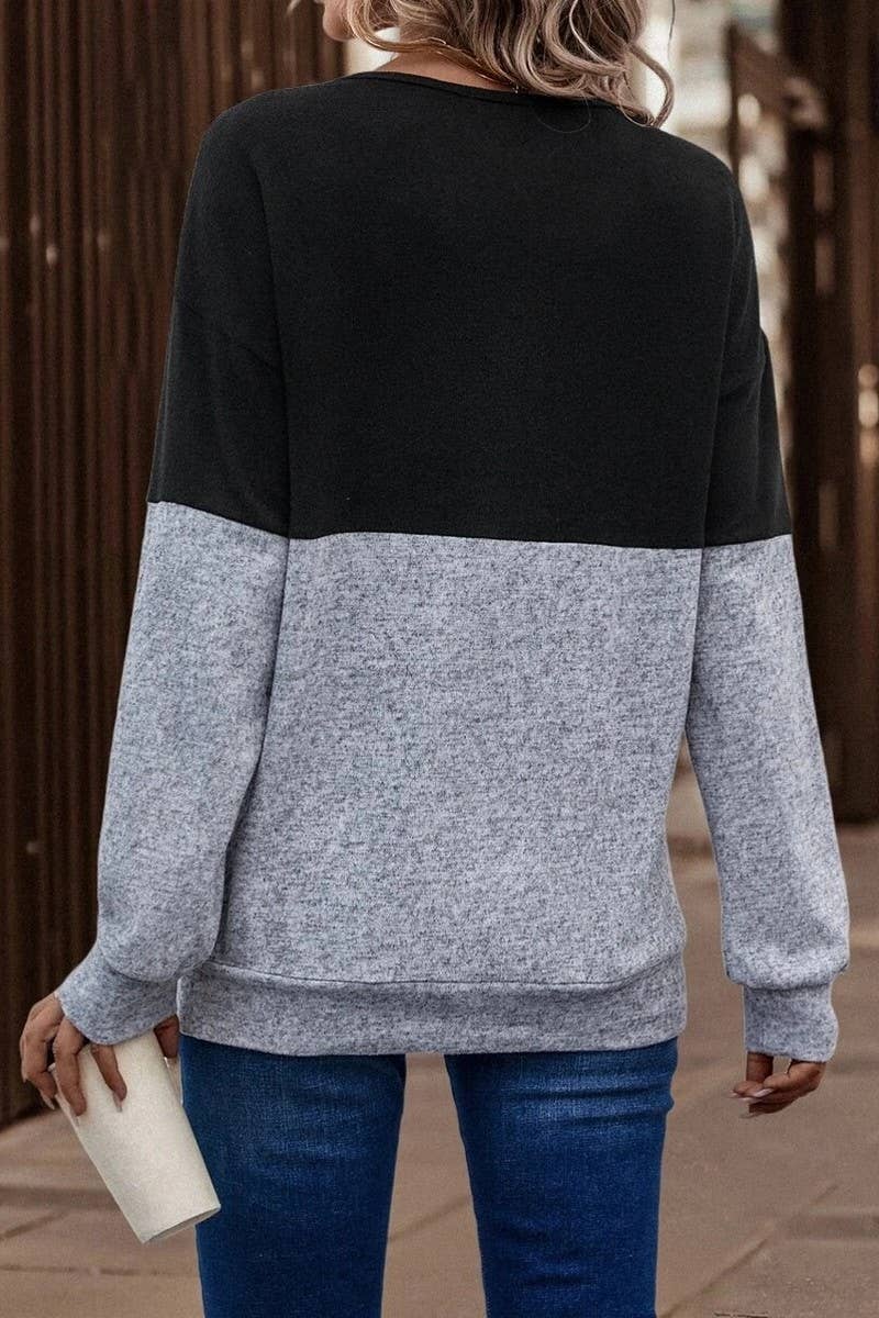 CWTBLL1424_V-NECK CROSS-CONTRAST DROPPED SHOULDER SLEEVE TOP