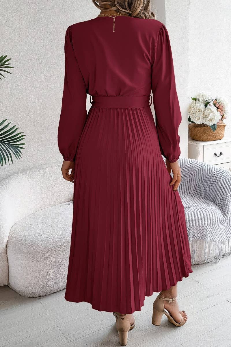 CWDMD3479_V-NECK LONG SLEEVE LACE-UP PLEATED DRESS LONG