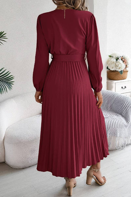 CWDMD3479_V-NECK LONG SLEEVE LACE-UP PLEATED DRESS LONG