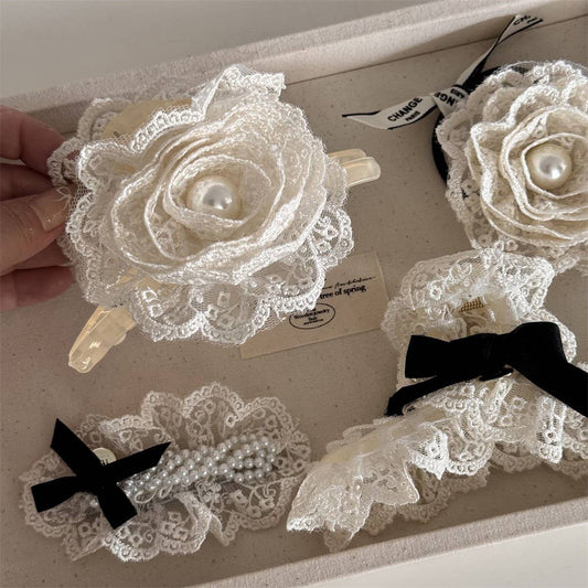 CREAMY WHITE LACE FLOWER PEARL BOW HAIRPIN