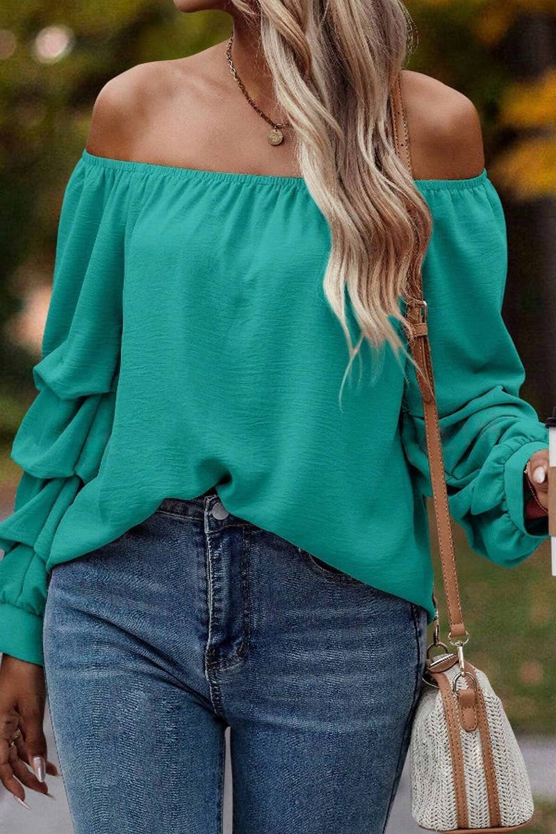 CWTBLL4006_SOLID OFF SHOULDER KNOT SLEEVE LONG SLEEVE SHIRT