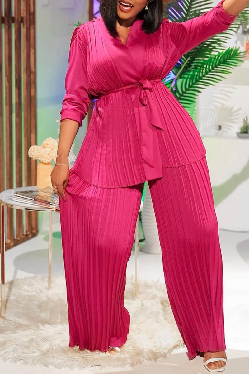 CWSTB0523_PLUS SIZE  LACE UP SHIRT  TROUSERS TWO-PIECE SET