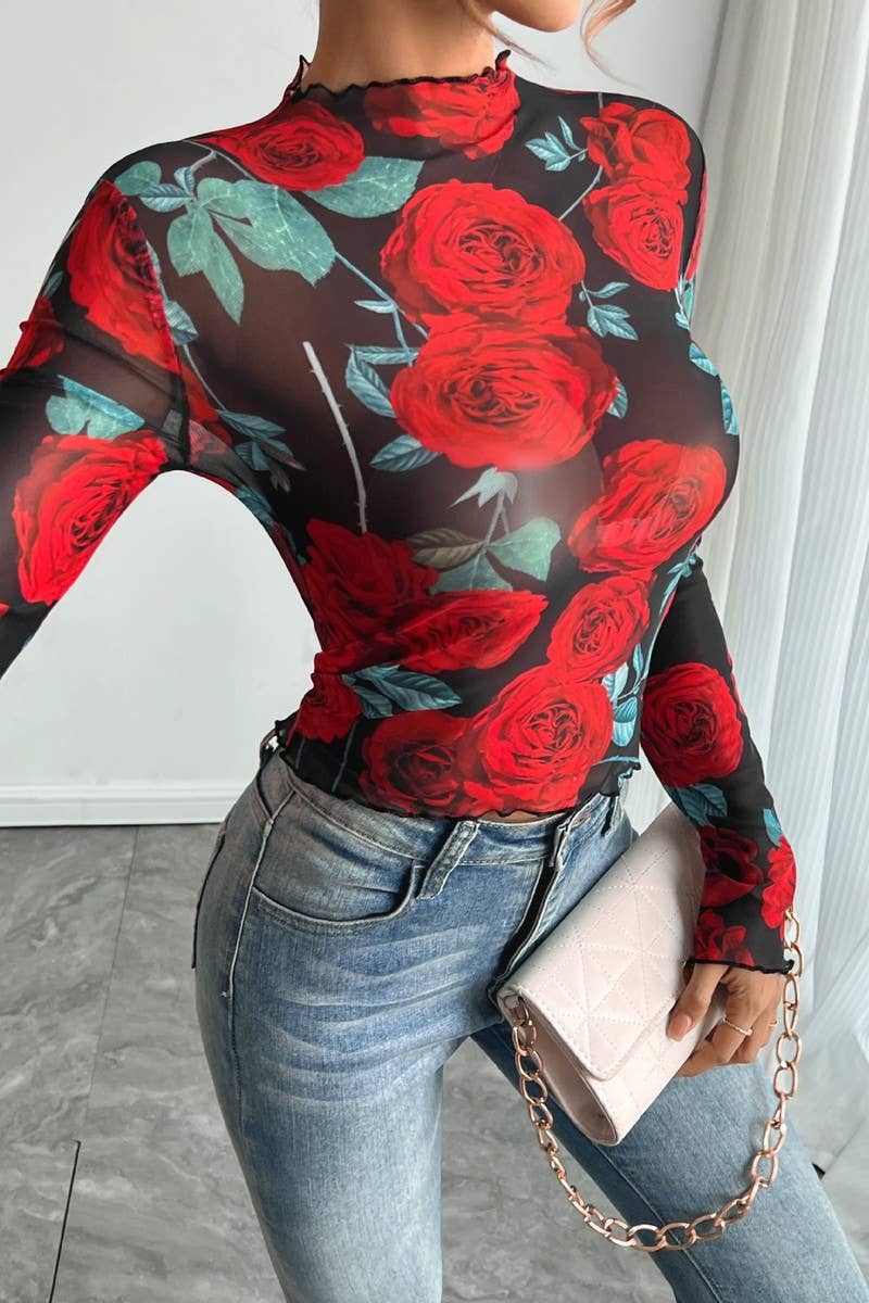 CWTBLL3910_SHEER ROSE FLORAL PRINT LONG SLEEVE MESH TOP