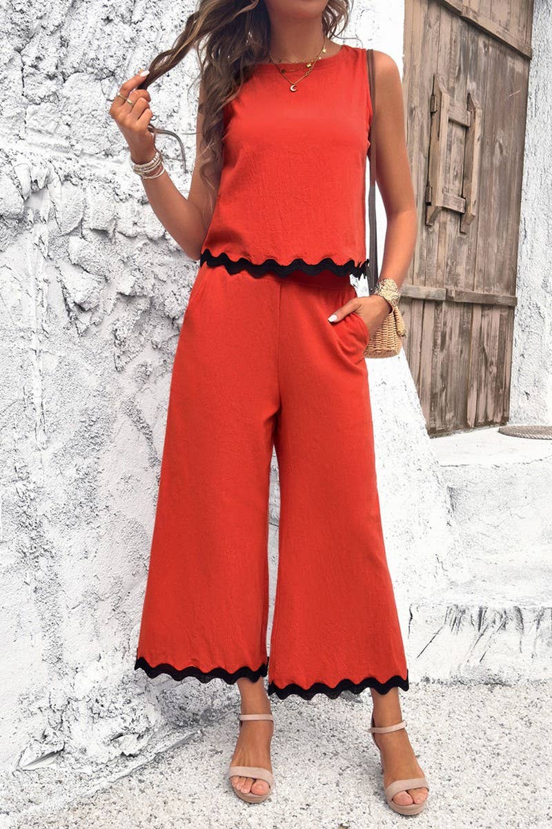 CWSTB0450_Round Neck Sleeveless Top Cropped pants Set