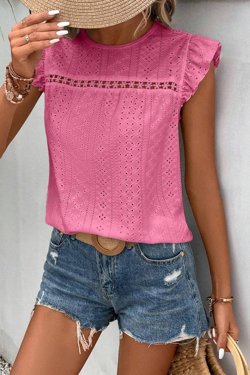 CWTBLS0605_ ROUND NECK LACE RUFFLE SHORT SLEEVE BLOUSE TOP