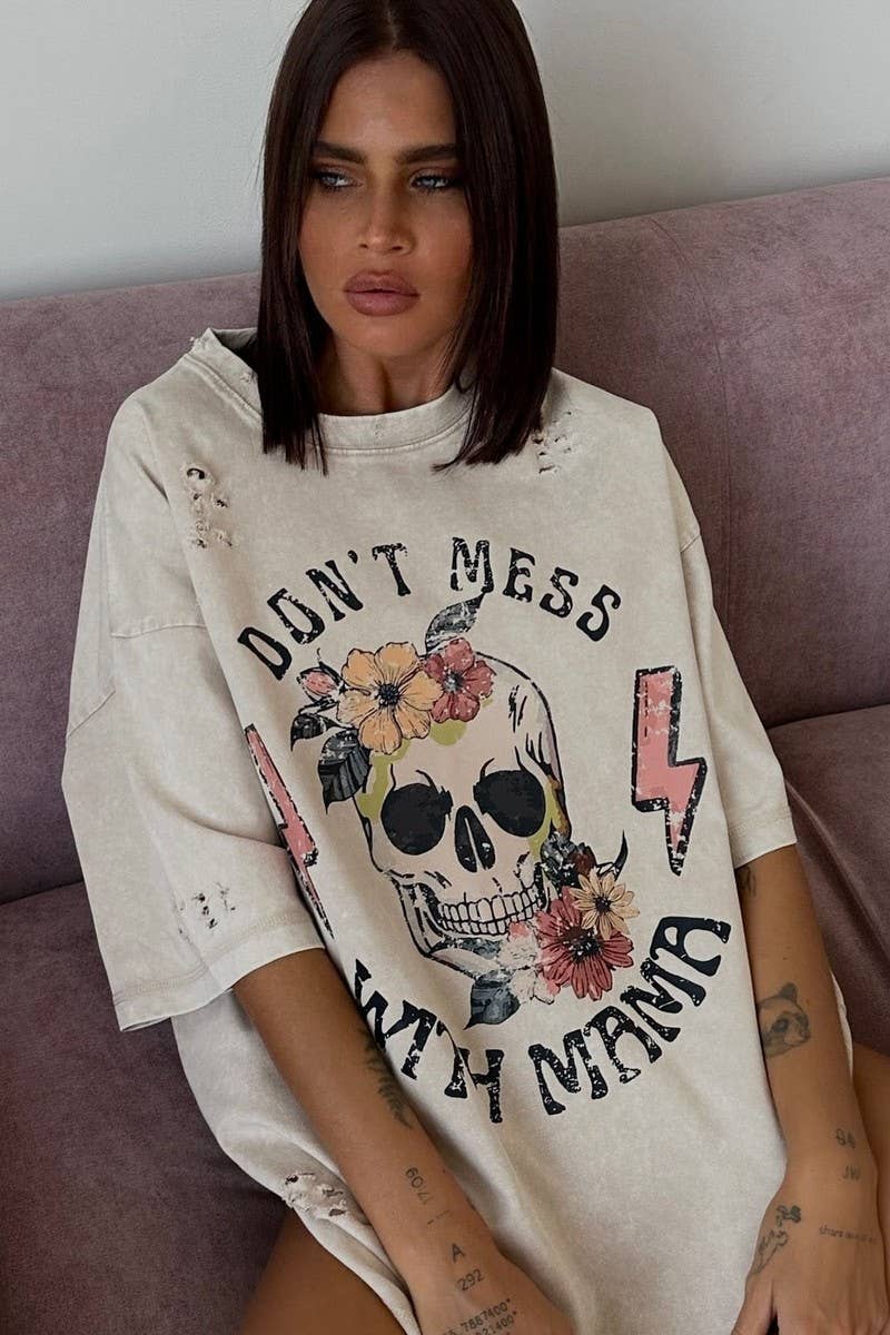 CWTTS1577_PERSONALIZED CASUAL SKULL PRINT HOLE PRINT T-SHIRT