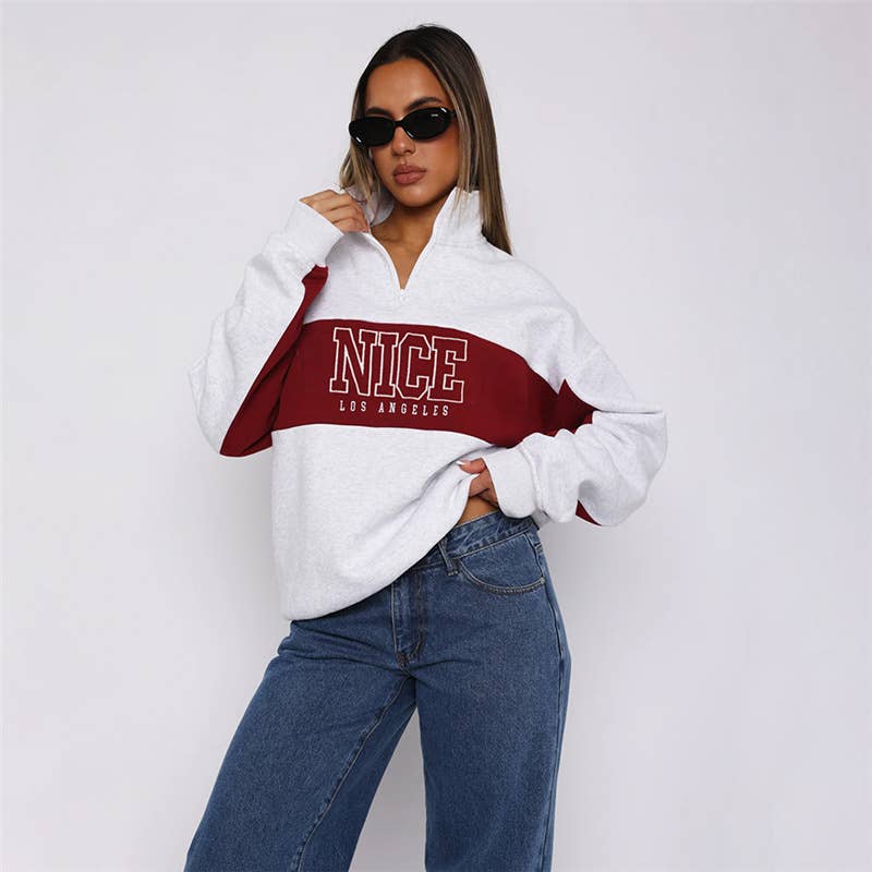COLOR CONTRAST LETTER PRINT LOOSE CASUAL HOODIE