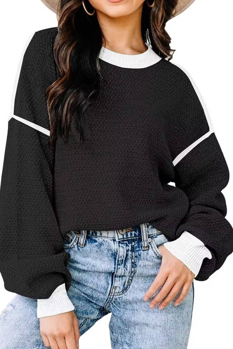 CWOSWL5180_CREW-NECK PATCHWORK LONG-SLEEVED SWEATER