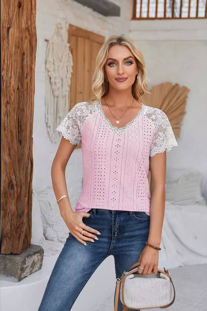 CWTTS00707_SUMMER LACE PATCHWORK SHORT-SLEEVED T-SHIRT