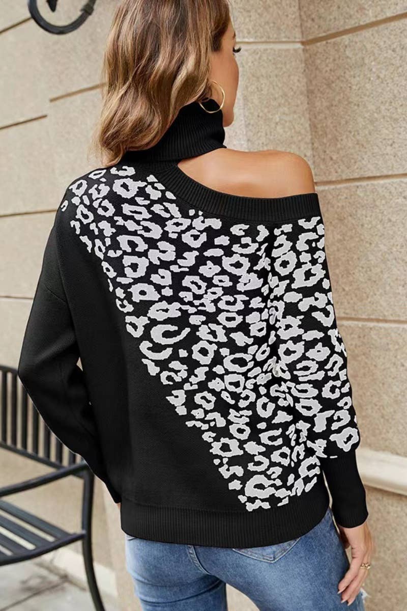 CWOSWL6321_LEOPARD TURTLENECK OFF-THE-SHOULDER SWEATER