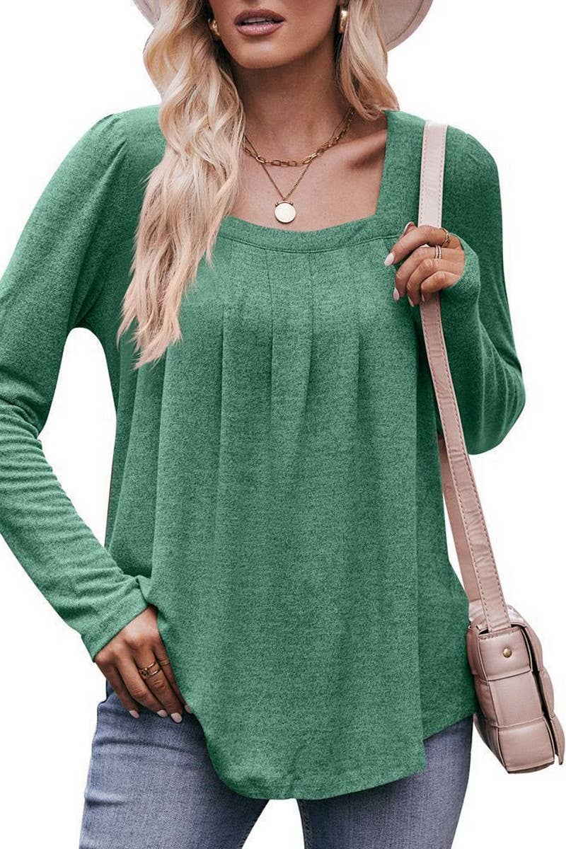 CWTBLL1836_PUFF SLEEVE SQUARE NECK PLEATED LONG SLEEVE TOP
