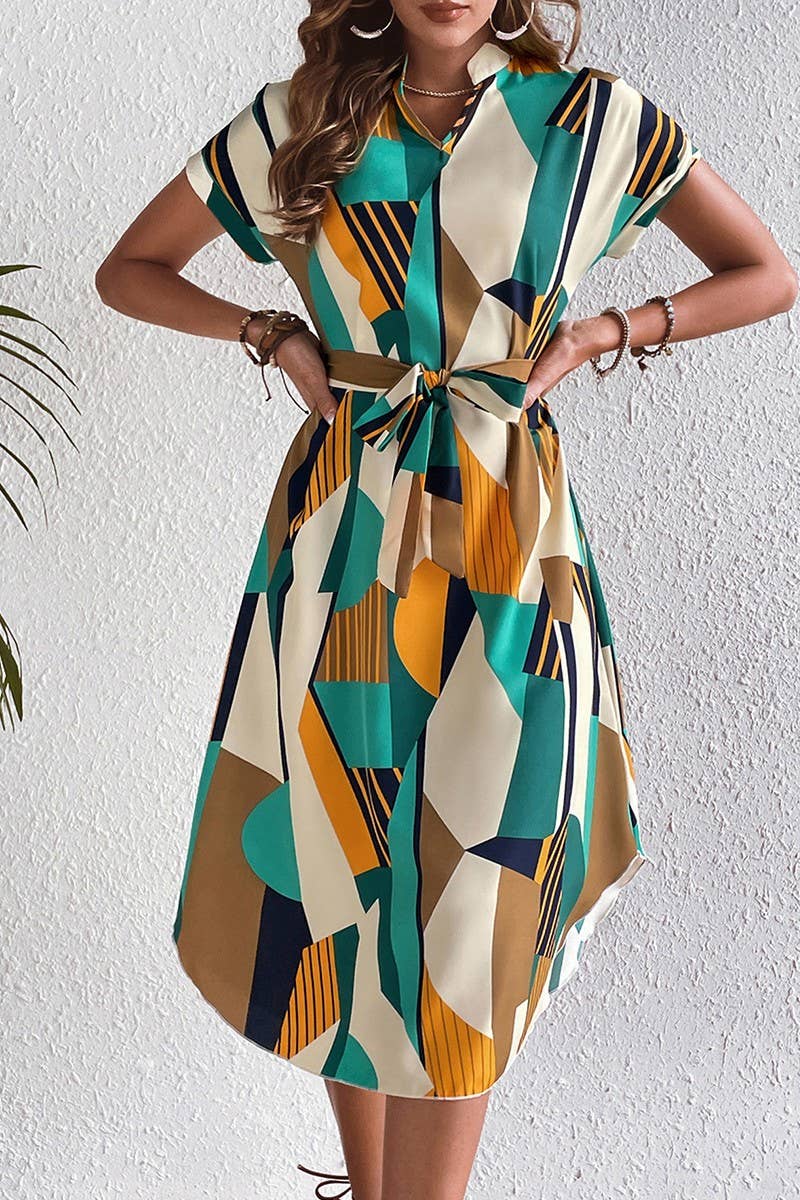 CWDSD7880_COLORBLOCK BELTED SHORT SLEEVE MIDI DRESS