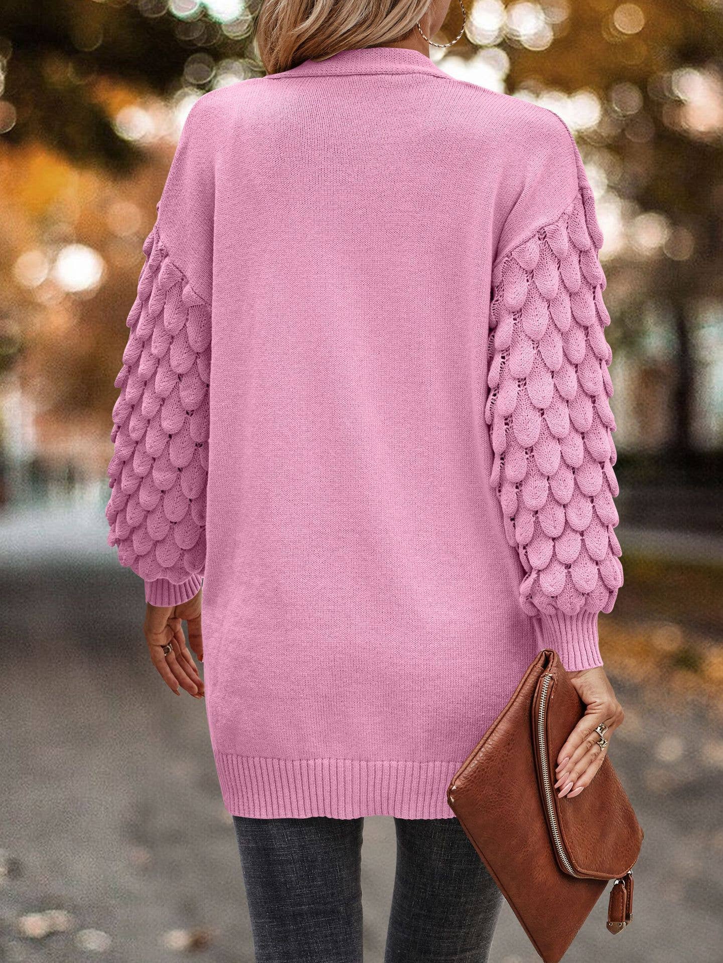 FEATHERED V-NECK LONG SLEEVE KNIT CARDIGAN